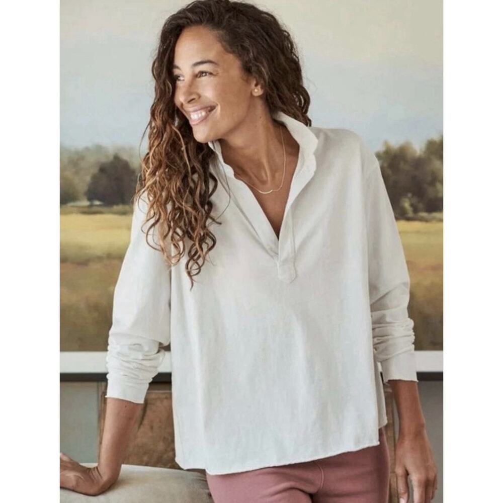 Frank & Eileen Patrick Popover Henley White Size Small Raw Hem Coastal Basic - Picture 2 of 12